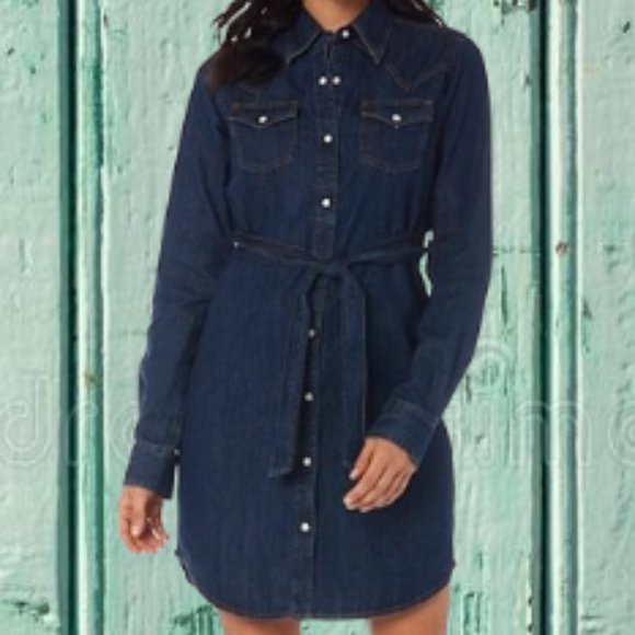 Wrangler Retro XS S Denim Western Embroidered Dress Shirtdress Belted Nwt - Picture 6 of 10
